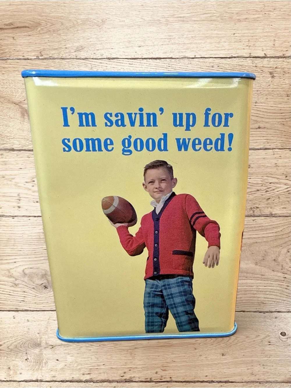 Blue Q 2006 “I’m Savin’ Up For Some Good Weed” Tin Coin Bank Retro Kit